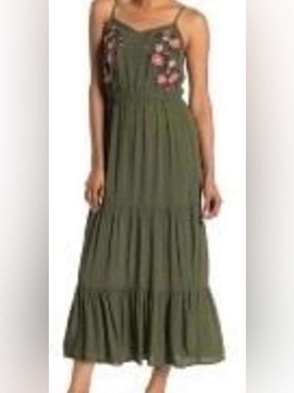 Olive Green Floral Embroidered Boho style Maxi dress size Small